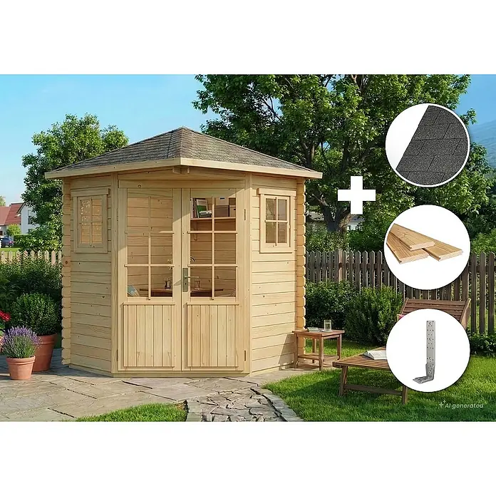 Alpholz Gartenhaus ECO Set Sunny A 28mm Wandstärke - Außenmaß inkl. Dachüberstand (B x T): 220 x 220 cm, Holz, Naturbelassen - Helles Gartenhaus aus Holz mit Schindeldach im Garten, dazu runde Einlagen mit Dachschindeln, Holzbrettern und einem Metallwinkel.