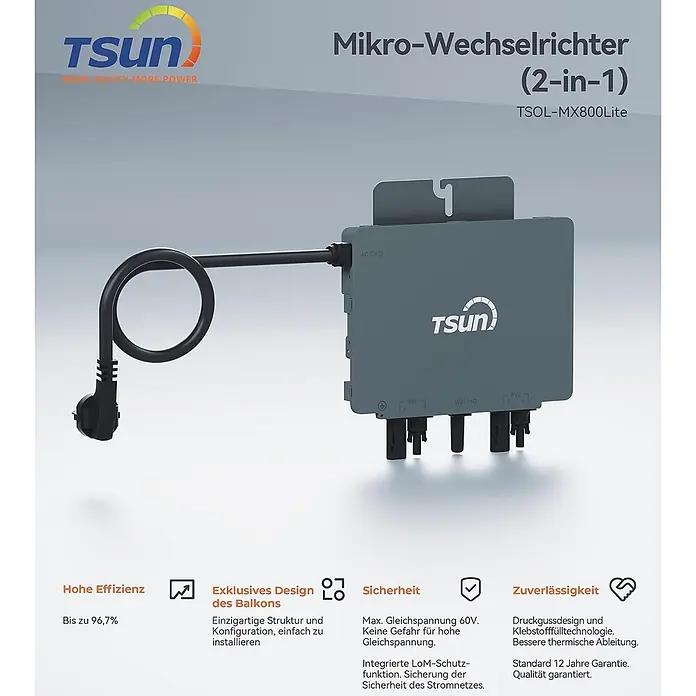 Tsun Balkonkraftwerk TSOL-MX800Lite - Nennleistung: 800 W, L x B x H: 3,1 x 23,6 x 17,85 cm