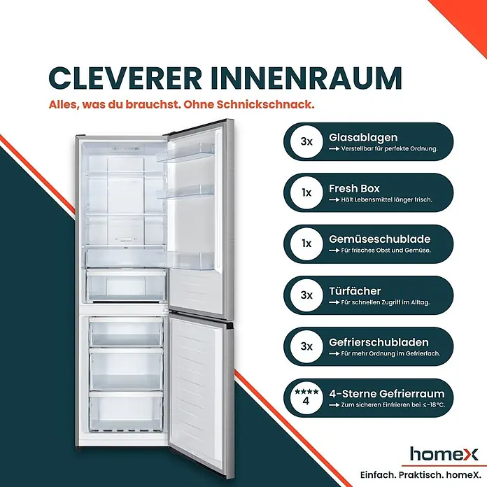 homeX Kühl-Gefrierkombination CFSN3041A-S - Nutzinhalt Gesamt: 304 l, 59 cm x 595 mm x 1.873 mm, Silber - Ein silberner Kühlschrank mit geöffneten Türen, der sein cleveres und geordnetes Innenleben mit Regalen und Schubladen zeigt.