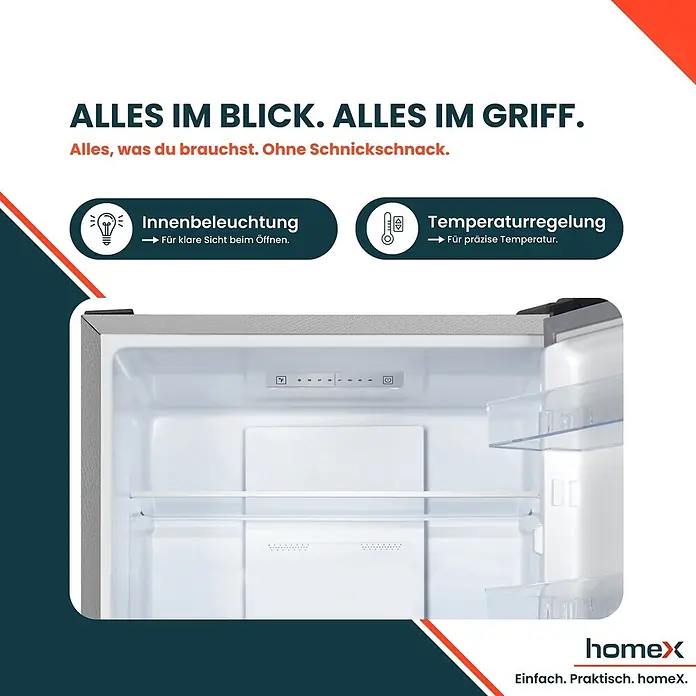 homeX Kühl-Gefrierkombination CFSN3041A-S - Nutzinhalt Gesamt: 304 l, 59 cm x 595 mm x 1.873 mm, Silber - Kühlschrank-Innenraum mit Beleuchtung und digitaler Temperaturregelung.