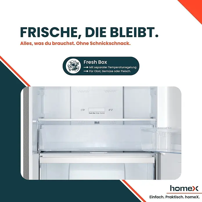 homeX Kühl-Gefrierkombination CFSN3041A-S - Nutzinhalt Gesamt: 304 l, 59 cm x 595 mm x 1.873 mm, Silber - Inneres eines Kühlschranks mit leerer, transparenter Fresh Box Schublade und Temperaturregelung für Obst, Gemüse oder Fleisch.