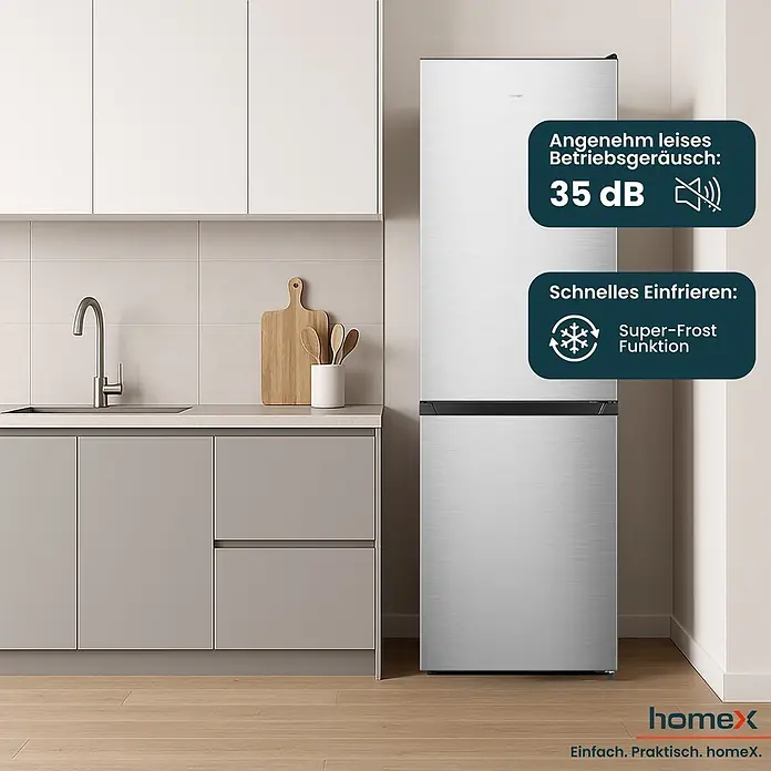 homeX Kühl-Gefrierkombination CFSN3041A-S - Nutzinhalt Gesamt: 304 l, 59 cm x 595 mm x 1.873 mm, Silber - Edelstahlkühlschrank in moderner Küche, bewirbt leisen 35 dB Betrieb und die Super-Frost Funktion.