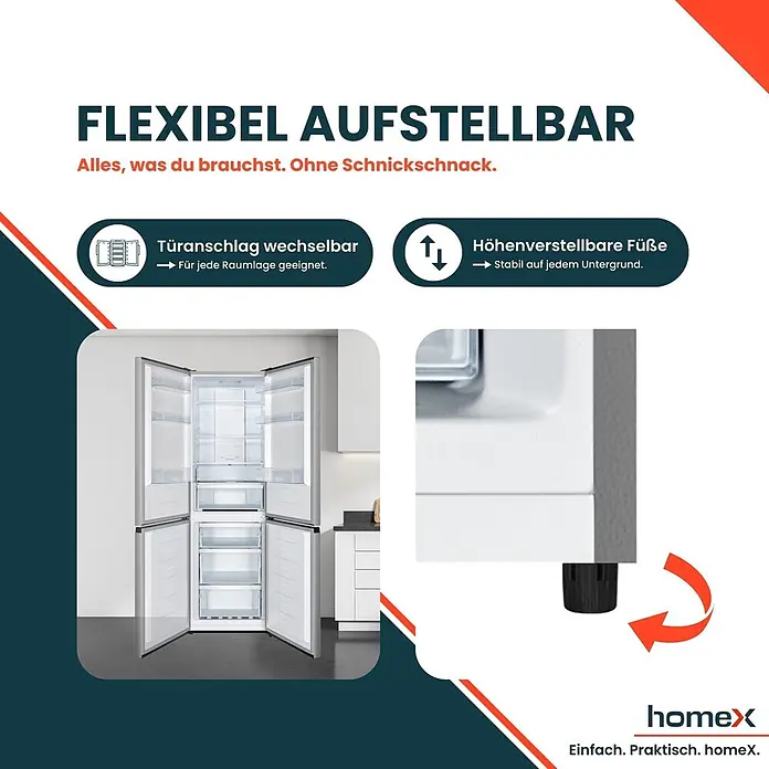 homeX Kühl-Gefrierkombination CFSN3041A-S - Nutzinhalt Gesamt: 304 l, 59 cm x 595 mm x 1.873 mm, Silber - Silberner Kühl-Gefrierschrank mit offenen Türen, zeigt wechselbaren Türanschlag und höhenverstellbare Füße für flexible Aufstellung.