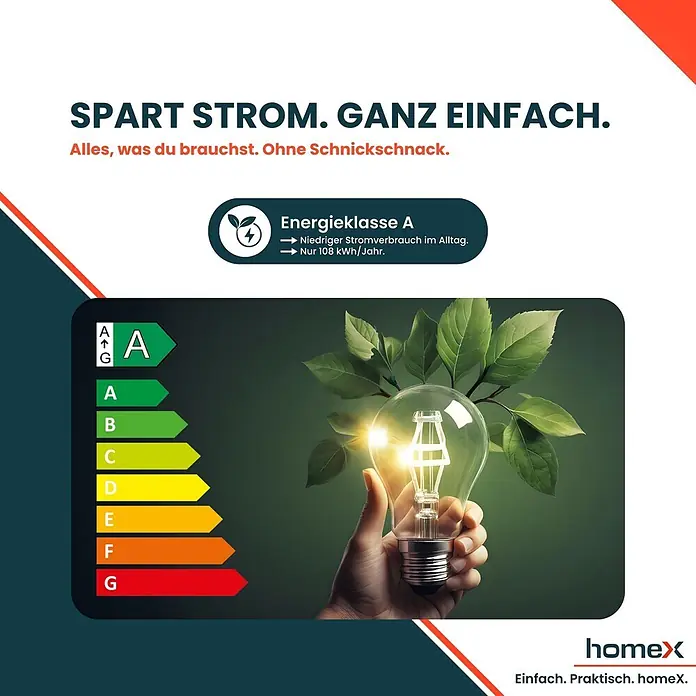 homeX Kühl-Gefrierkombination CFSN3041A-S - Nutzinhalt Gesamt: 304 l, 59 cm x 595 mm x 1.873 mm, Silber - Hand hält leuchtende Glühbirne mit grünen Blättern. Ein Energielabel zeigt Klasse A für niedrigen Verbrauch (108 kWh/Jahr).