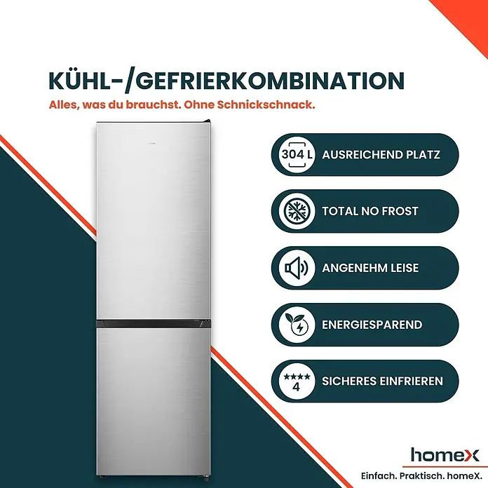 homeX Kühl-Gefrierkombination CFSN3041A-S - Nutzinhalt Gesamt: 304 l, 59 cm x 595 mm x 1.873 mm, Silber - Edelstahl Kühl-/Gefrierkombination (304L) mit Total No Frost, 4-Sterne-Gefrierfach, leise und energiesparend.