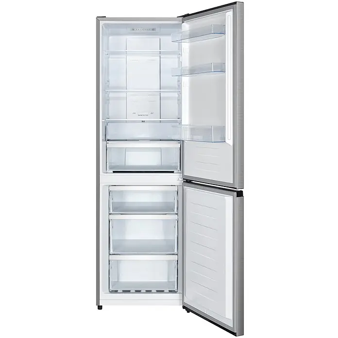 homeX Kühl-Gefrierkombination CFSN3041A-S - Nutzinhalt Gesamt: 304 l, 59 cm x 595 mm x 1.873 mm, Silber - Offener Edelstahl-Kühlschrank mit Gefrierfach unten, zeigt klare Ablagen, Schubladen und Türfächer für organisierte Lebensmittelaufbewahrung.