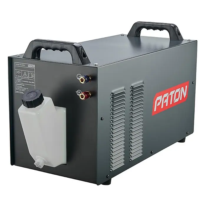 PATON MIG/MAG-Schweißgerät Cooler-7S-400V - 400 V - Grauer PATON Cooler-7S-400V Schweißwasserkühler mit schwarzen Griffen, weißem Behälter und roten/blauen Anschlüssen.