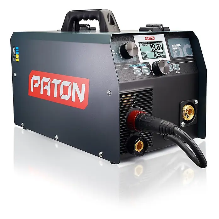 PATON MIG/MAG-Schweißgerät StandardMIG-200 - Schweißstrom: 200 A, 230 V - Graues Paton Mehrzweck-Inverter-Schweißgerät mit Digitalanzeige, Bedienelementen und Kabelanschlüssen.