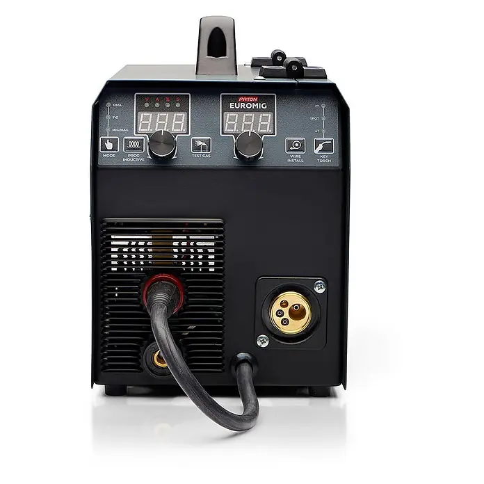 PATON MIG/MAG-Schweißgerät EuroMIG - Schweißstrom: 150 A, 230 V - Schwarzes PATON EUROMIG Schweißgerät mit digitalem Bedienfeld, Knöpfen, Tasten und verschiedenen Anschlüssen.