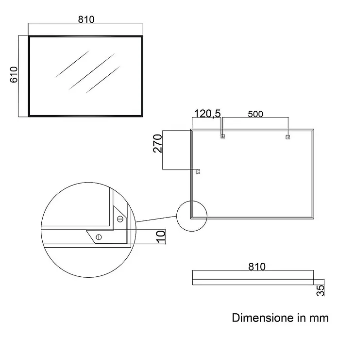 KV Rechteckiger Spiegel mit Aluminiumrahmen in Gun Metal 60,5x80,5 cm -  - Technische Zeichnung eines rechteckigen Spiegels, Maße 810x610x35mm, inklusive Befestigungsdetails.