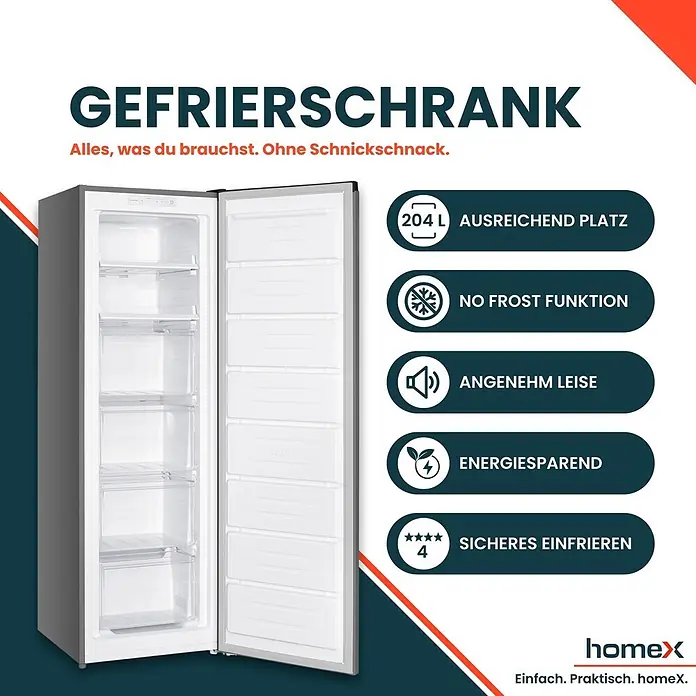homeX Tiefkühlschrank FSN2041E-S - Nutzinhalt Gesamt: 204 l, 60 cm x 540 mm x 1.705 mm, Silber