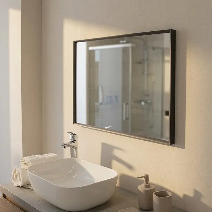 KV Rechteckiger Spiegel mit Aluminiumrahmen in Gun Metal 60,5x80,5 cm -  - Rechteckiger Spiegel mit schwarzem Rahmen über einem weißen Waschbecken in einem Badezimmer.