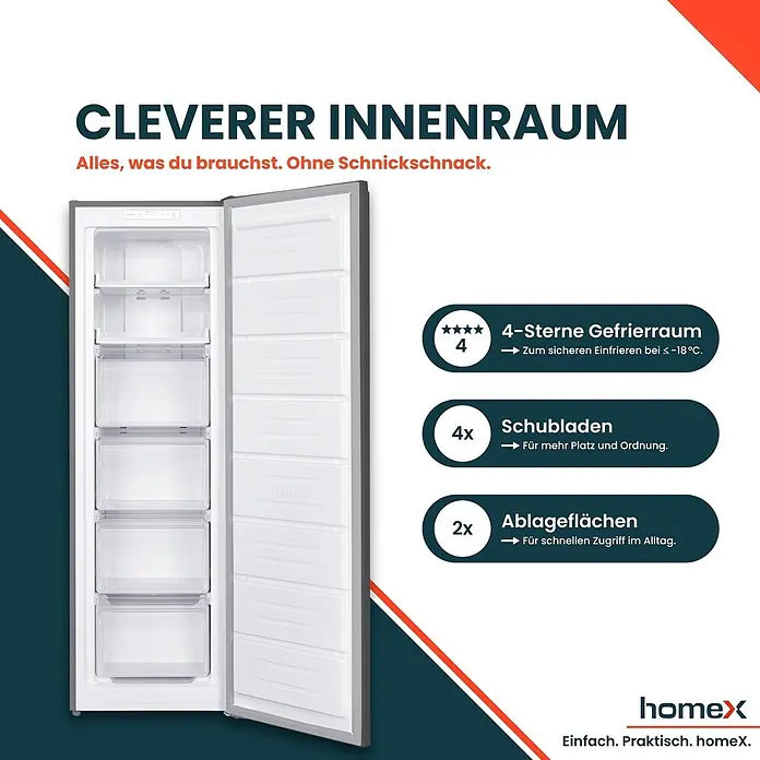 homeX Tiefkühlschrank FSN2041E-S - Nutzinhalt Gesamt: 204 l, 60 cm x 540 mm x 1.705 mm, Silber
