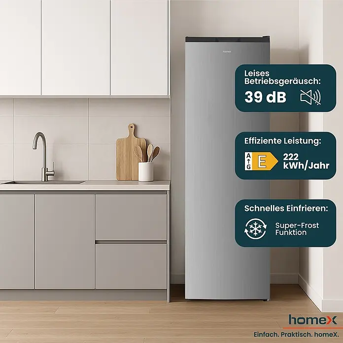 homeX Tiefkühlschrank FSN2041E-S - Nutzinhalt Gesamt: 204 l, 60 cm x 540 mm x 1.705 mm, Silber
