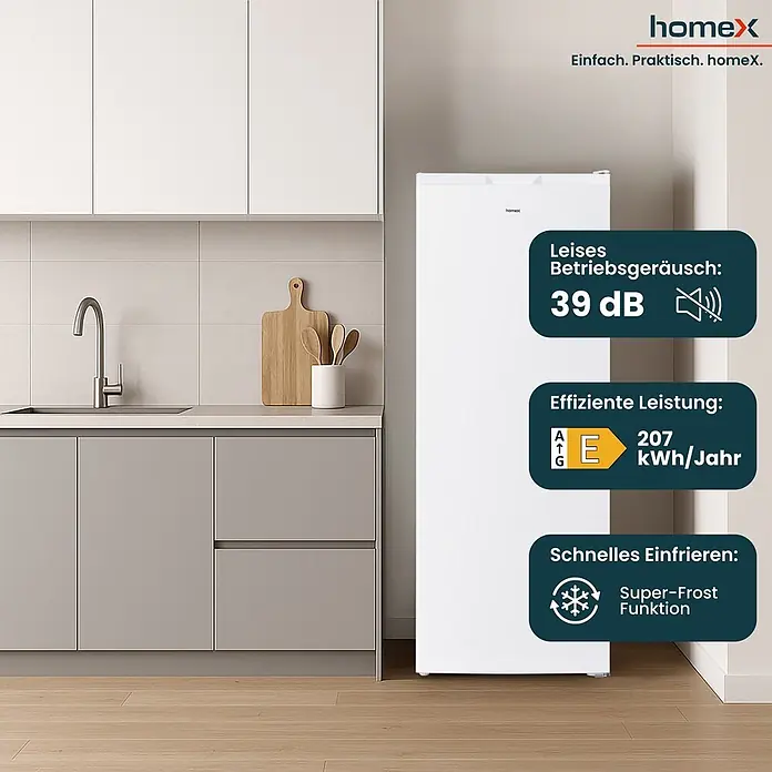 homeX FSN1611E-W -  - Weißer freistehender Gefrierschrank in moderner Küche. Merkmale: 39 dB leise, Energieklasse E (207 kWh/Jahr), Super-Frost-Funktion.