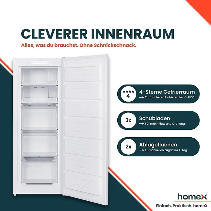homeX FSN1611E-W -  - Offener, weißer Gefrierschrank mit mehreren transparenten Schubladen und Ablageflächen.