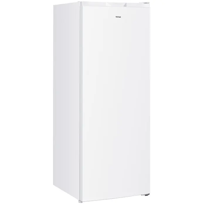 homeX FSN1611E-W -  - Weißer Standgefrierschrank mit "homex"-Logo. Hohes, minimalistisches Design für viel Stauraum.
