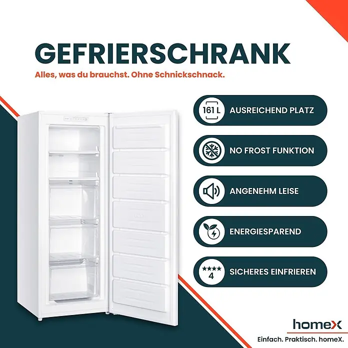 homeX FSN1611E-W -  - Weißer aufrechter Gefrierschrank mit offener Tür, zeigt transparente Schubladen und Ablagen im Inneren.