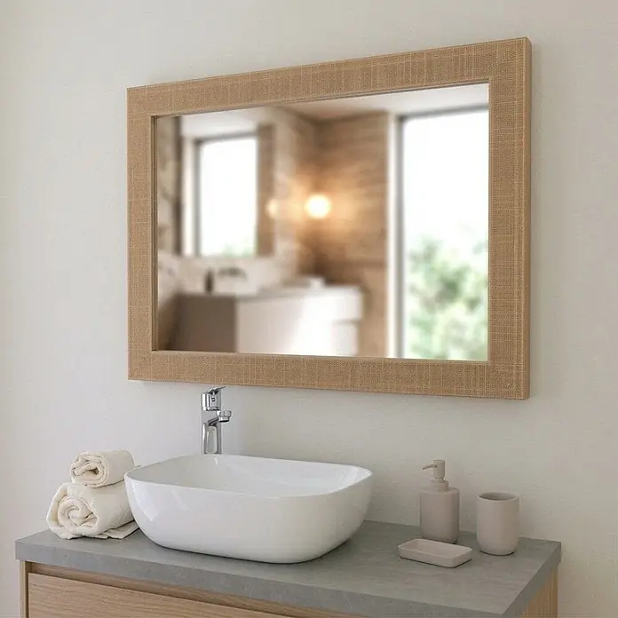 KV Rechteckiger Spiegel mit MDF-Rahmen in creme-kupfer, 72,5x92,5 cm -  - Rechteckiger Spiegel mit hellbraunem, gewebtem Rahmen, über einem Waschbecken im Badezimmer montiert.