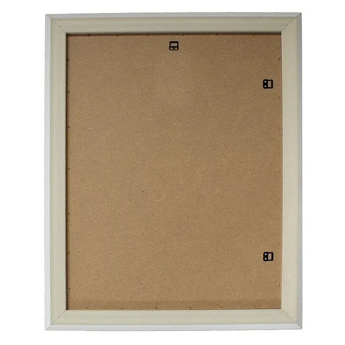 KV Rechteckiger Spiegel mit weißem MDF-Rahmen, beidseitig montierbar, 72,5x92,5 cm -  - Rückseite eines weißen Holzbilderrahmen mit brauner MDF-Rückwand und Metallaufhängern zur Wandmontage.