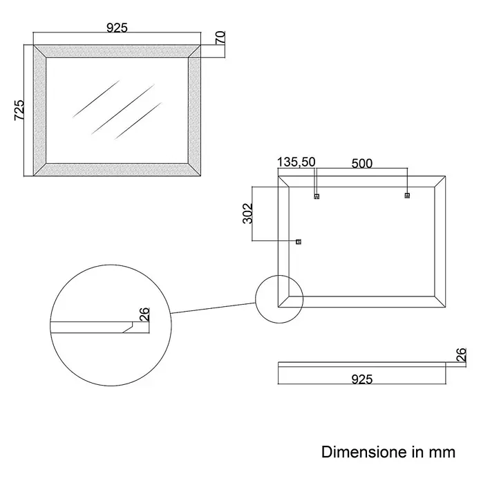 KV Rechteckiger Spiegel mit silbernem MDF-Rahmen, beidseitig montierbar, B.72,5xH.92,5 cm -  - Rechteckiger gerahmter Spiegel, 925mm B x 725mm H x 26mm T, mit technischen Maßen und Befestigungsdetails.