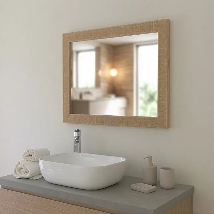 KV Rechteckiger Spiegel mit MDF-Rahmen in Creme-Kupfer, beidseitig montierbar, 62,5x82,5 cm -  - Rechteckiger Spiegel mit strukturiertem beigem Rahmen, über einem weißen Waschbecken in einem modernen Badezimmer.