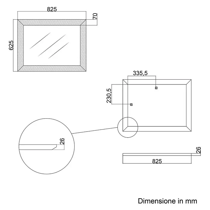 KV Rechteckiger Spiegel mit weißem MDF-Rahmen, beidseitig montierbar 62,5x82,5cm -  - Rechteckiger Spiegel technische Zeichnung mit Maßen 825x625x26mm.
