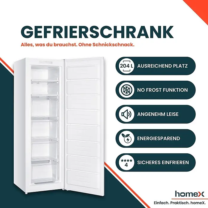 homeX Tiefkühlschrank FSN2041E-W - Nutzinhalt Gesamt: 204 l, 60 cm x 540 mm x 1.705 mm, Weiß
