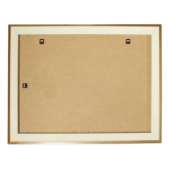 KV Rechteckiger Spiegel mit MDF-Rahmen in Creme-Kupfer, beidseitig montierbar, 62,5x82,5 cm -  - Rückseite eines goldfarbenen Bilderrahmens mit weißem Passepartout und brauner Rückwand mit schwarzen Aufhängern.