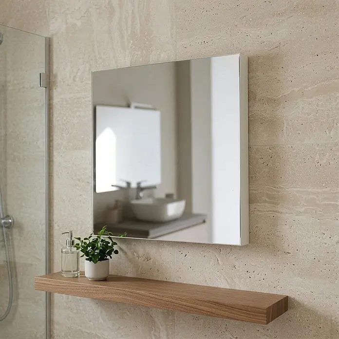 KV Quadratischer Spiegel 30x30 cm mit weiß beschichtetem MDF-Rahmen, glänzender Rand -  - Moderner quadratischer Spiegelschrank mit silbernem Rahmen, im Bad über einem Holzregal montiert.