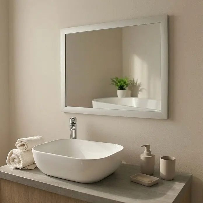 KV Rechteckiger Spiegel mit Aluminiumrahmen, 57 x 77 cm -  - Moderne Badezimmereinrichtung mit weißem Aufsatzwaschbecken, Chromarmatur, beigefarbenen Accessoires und gerahmtem Spiegel.