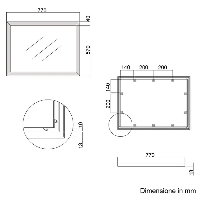 KV Rechteckiger Spiegel mit Aluminiumrahmen, 57 x 77 cm -  - Technische Zeichnung eines rechteckigen Spiegels mit Gesamtmaßen 770x570x18 mm, zeigt Rahmendetails und Befestigungspunkte.