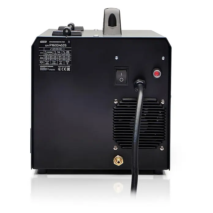PATON MIG/MAG-Schweißgerät StandardMIG-160 - Schweißstrom: 160 A, 230 V - Rückansicht einer schwarzen Schweißmaschine mit Netzschalter, Kabel, Gasanschluss und Etikett.