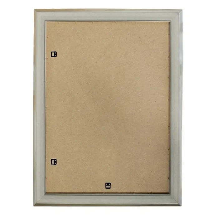 KV Rechteckiger Spiegel mit silbernem MDF-Rahmen, beidseitig montierbar, 62,5x82,5 cm -  - Hellgrauer Bilderrahmen, von hinten gesehen, mit brauner Rückwand und schwarzen Befestigungsklammern.