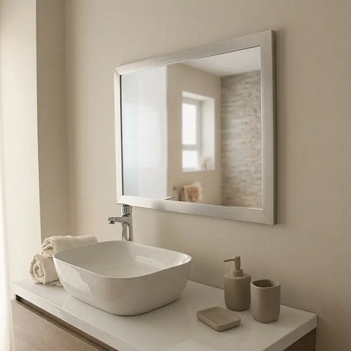 KV Rechteckiger Spiegel mit Aluminiumrahmen, 67x87 cm -  - Rechteckiger Spiegel mit silbernem Rahmen über einem weißen Aufsatzwaschbecken und Wasserhahn in einem modernen Badezimmer.
