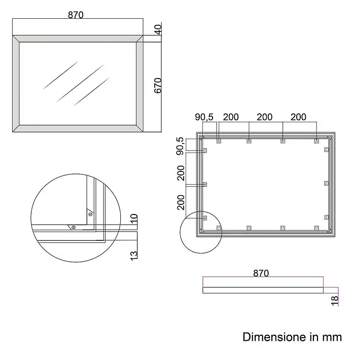 KV Rechteckiger Spiegel mit Aluminiumrahmen, 67x87 cm -  - Technische Zeichnung eines rechteckigen Spiegels, Vorder-, Rück- und Seitenansicht mit Maßen (870x670x18 mm).