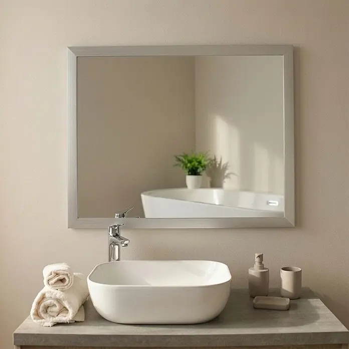 KV Rechteckiger Spiegel mit Aluminiumrahmen, 67x87 cm -  - Weißes rechteckiges Aufsatzwaschbecken mit Chromarmatur auf modernem Waschtisch, ergänzt durch beige Accessoires und weiße Handtücher.