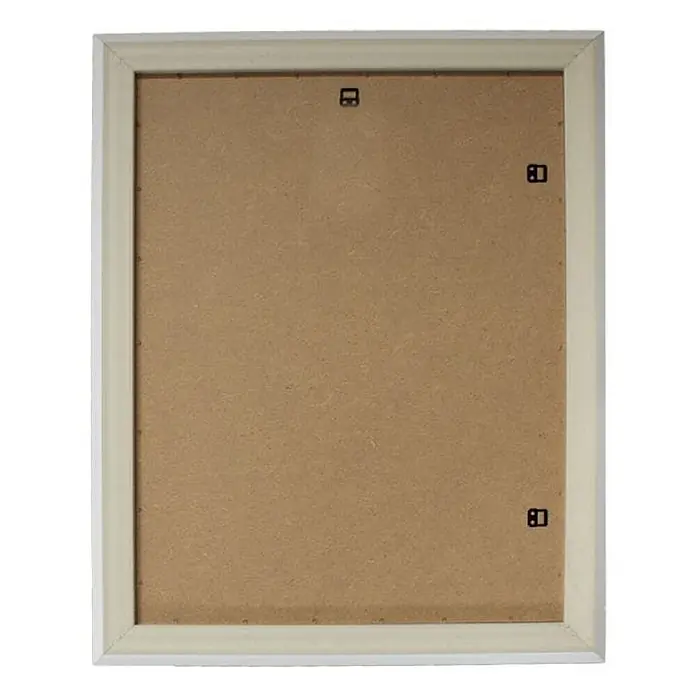 KV Rechteckiger Spiegel mit weißem MDF-Rahmen, beidseitig montierbar 62,5x82,5cm -  - Rückseite eines hellen Holzbilderrahmen mit brauner Rückwand und Metallaufhängern.