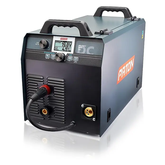 PATON MIG/MAG-Schweißgerät StandardMIG-270-400V - Schweißstrom: 270 A, 400 V - Grau-schwarzes PATON MIG/MAG/MMA/TIG DC Schweißgerät mit Digitalanzeige für 19.0V und 4.5m/min Drahtvorschub.