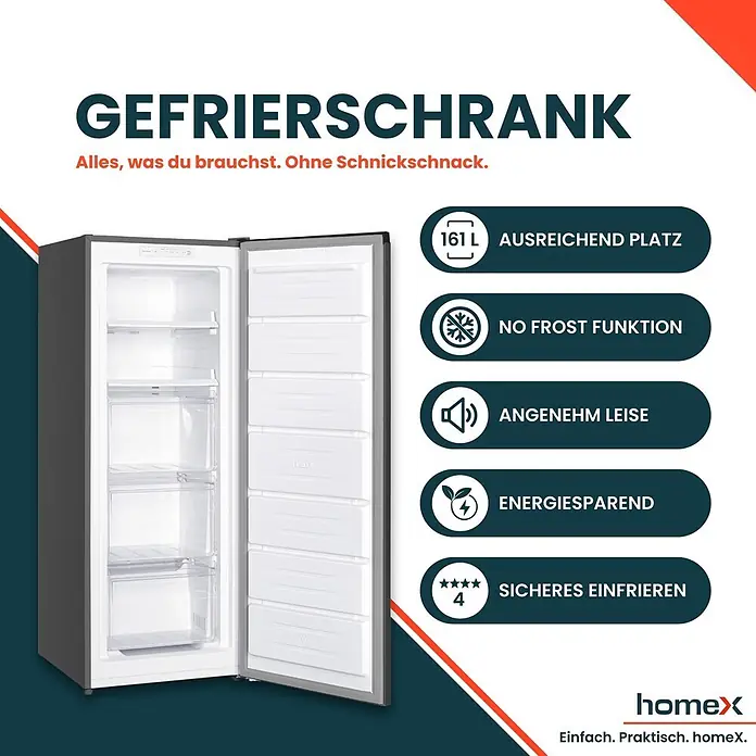 homeX Tiefkühlschrank FSN1611E-S - Nutzinhalt Gesamt: 161 l, 60 cm x 540 mm x 1.430 mm, Silber