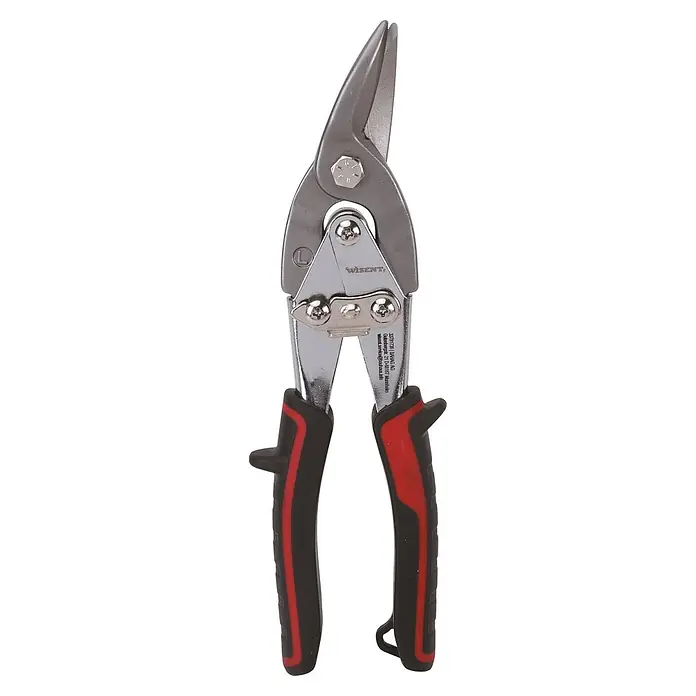 Wisent Blechschere - Länge: 240 mm, Stahl - Graue Blechschere mit schwarzen und roten ergonomischen Griffen, für Linksschnitte markiert.