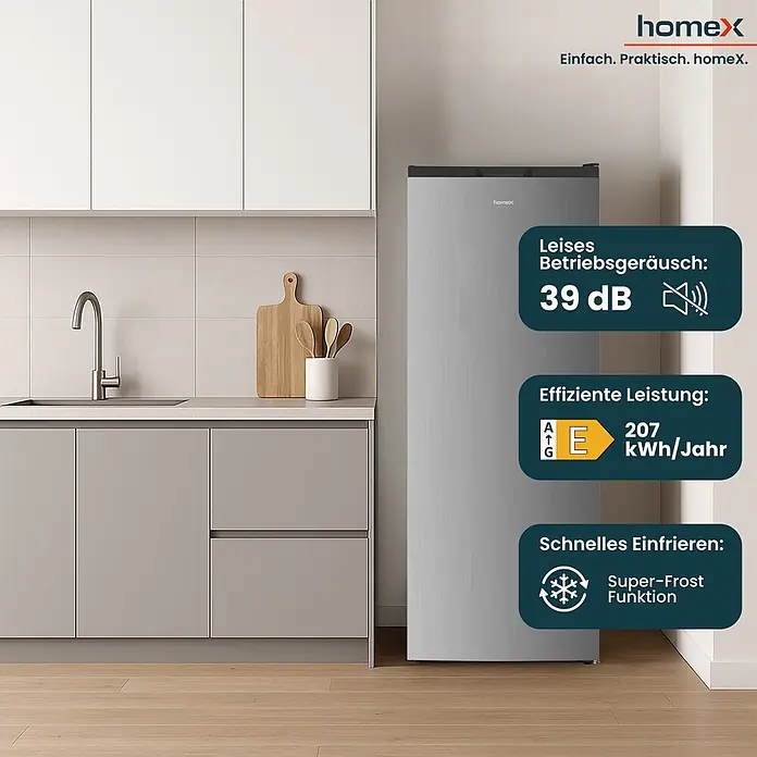homeX Tiefkühlschrank FSN1611E-S - Nutzinhalt Gesamt: 161 l, 60 cm x 540 mm x 1.430 mm, Silber
