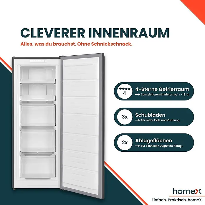 homeX Tiefkühlschrank FSN1611E-S - Nutzinhalt Gesamt: 161 l, 60 cm x 540 mm x 1.430 mm, Silber