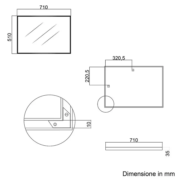 KV Rechteckiger Spiegel mit Aluminiumrahmen in Gun Metal 50,5x70,5 cm -  - Technische Zeichnung eines rechteckigen Spiegels, 710x510x35 mm, mit Maßen und Montagehinweisen.
