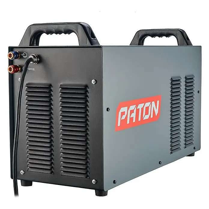 PATON MIG/MAG-Schweißgerät Cooler-7-400V - 400 V - Grauer und schwarzer PATON Schweißinverter mit Griffen und Lüftungsschlitzen, der Eingangsanschlüsse zeigt.