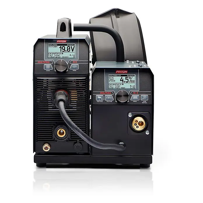 PATON Kombi-Schweißgerät MultiPRO-350-15-4-400V - Schweißstrom: 350 A - Schwarzes Paton Multipro 350 professionelles Schweißgerät mit Drahtvorschubgerät, digitaler Anzeige der Schweißparameter.