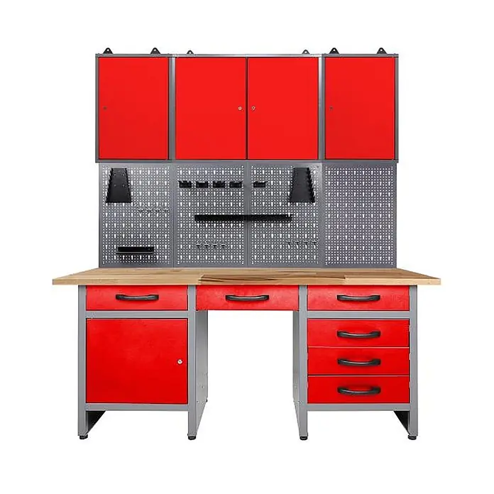 Werkstatt Set Harry 160 cm 3 Schränke rot -  - Rote und graue Metallwerkbank mit Holzplatte, Oberschränken, Lochwänden und verschiedenen Schubladen/Staufächern für Werkzeuge.
