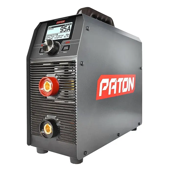 PATON Elektrodenschweißgerät PRO-270-400V - Schweißstrom: 270 A, 400 V - Dunkelgrauer Paton Schweißinverter mit Digitalanzeige (95A), Drehknopf und roten/schwarzen Anschlüssen.