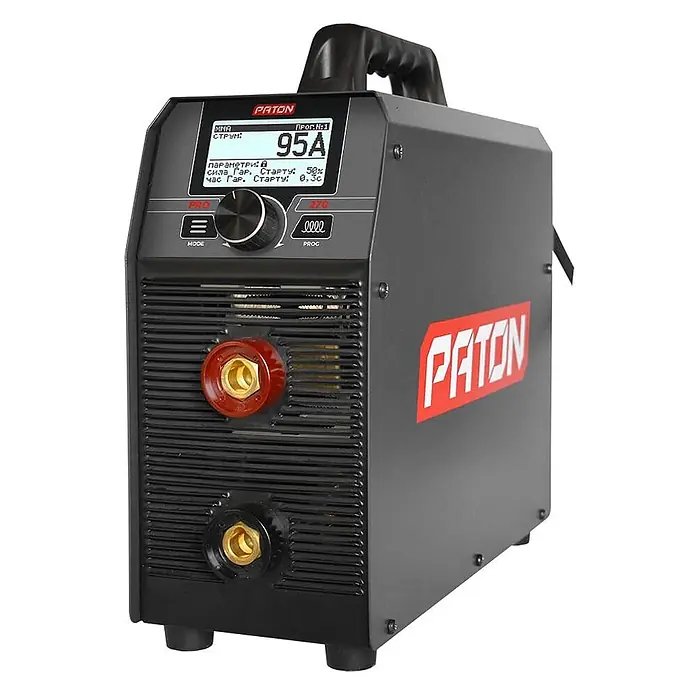PATON Elektrodenschweißgerät PRO-270-400V - Schweißstrom: 270 A, 400 V - Schwarzes Paton Schweißgerät mit Digitalanzeige, Drehknopf und rot/messingfarbenen Schweißanschlüssen.