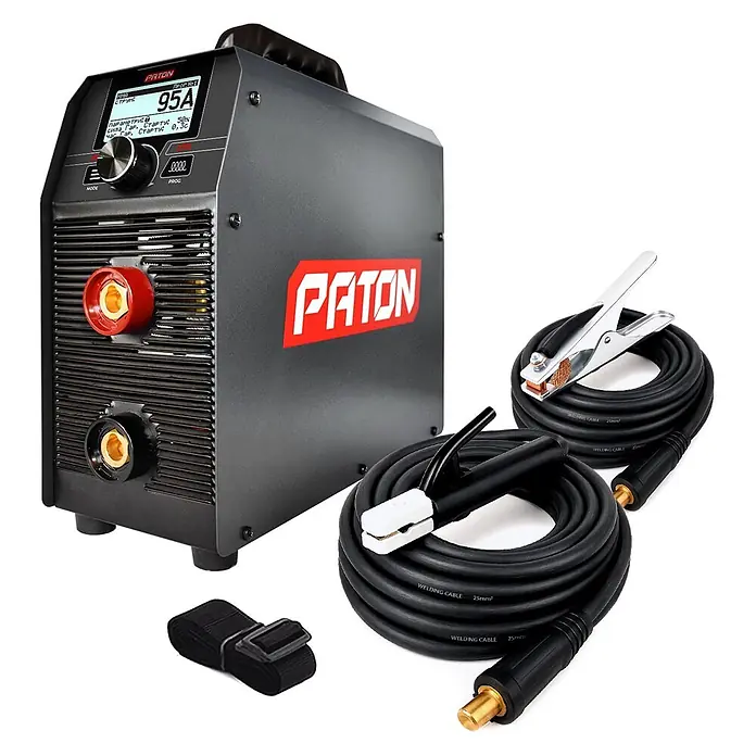 PATON Elektrodenschweißgerät PRO-270-400V - Schweißstrom: 270 A, 400 V - Dunkelgrauer PATON Schweißinverter mit 95A Anzeige, schwarzen Schweißkabeln, Masseklemme und Elektrodenhalter.